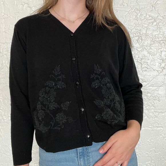 American Collection Cardigan Women's S Black Beaded Floral - Picture 2 of 4